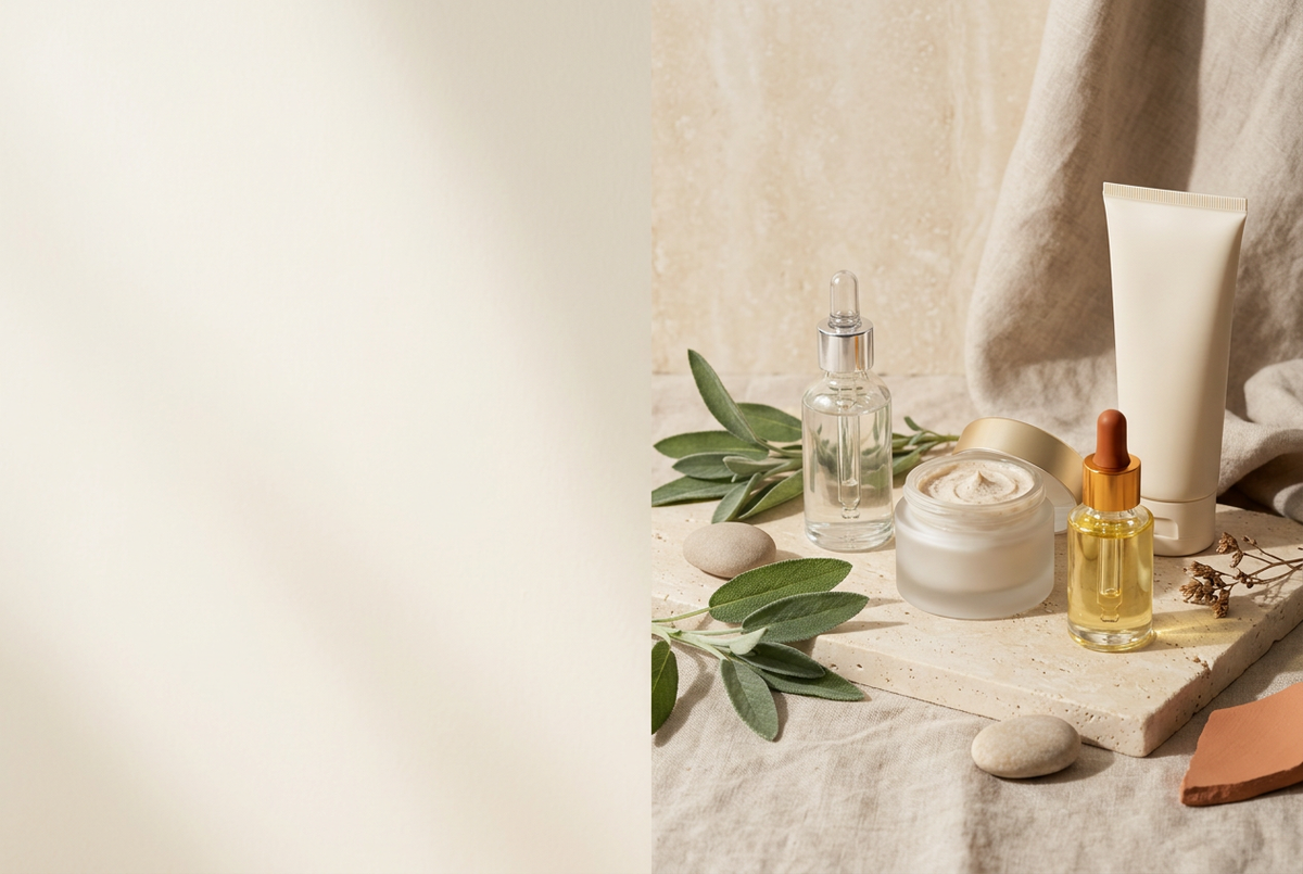 Premium skincare hero with products on the right and clean ivory space on the left